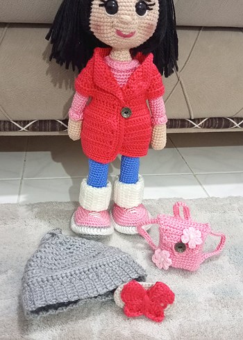 Pembe sırt çantalı örgü oyuncak bebek - Görsel 5