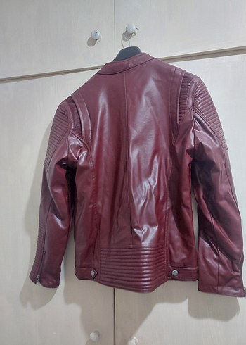 Bordo Kadın Deri Biker Ceket - Görsel 2