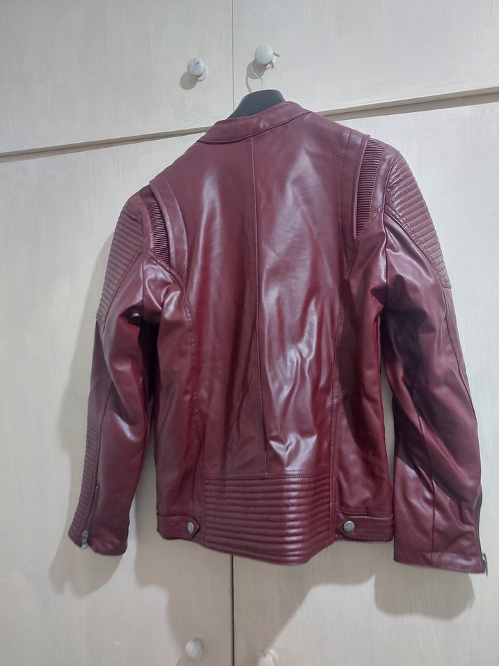 Bordo Kadın Deri Biker Ceket - Görsel 2