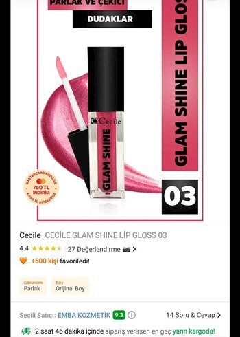 Cecile Glam Shine Lip Gloss 03 Pembe Parlak