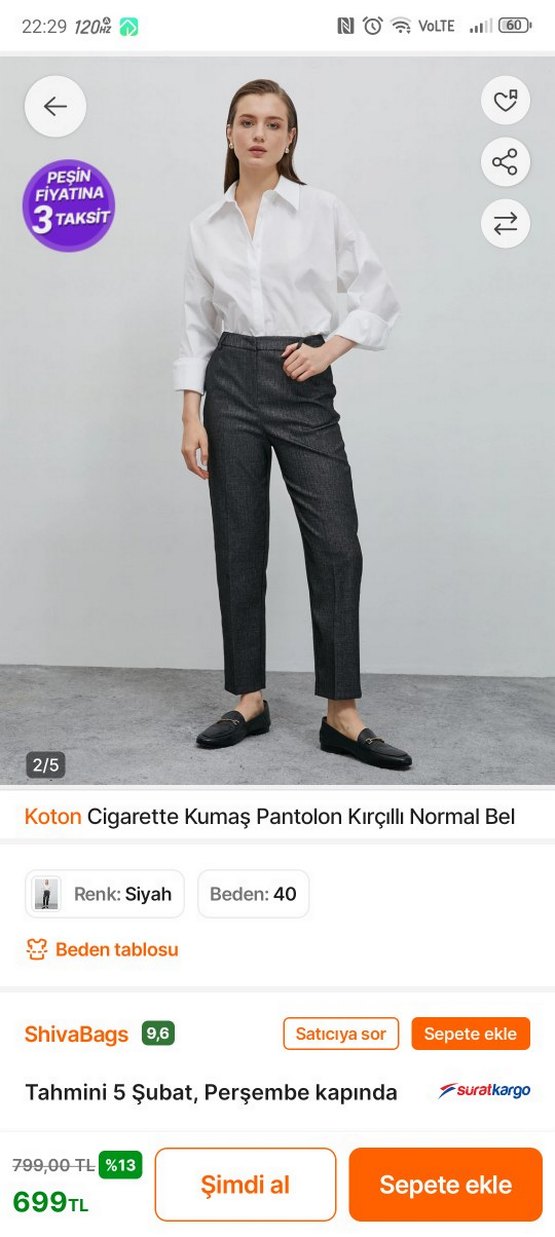 Koton Siyah Cigarette Kumaş Pantolon 40 Beden - Görsel 3