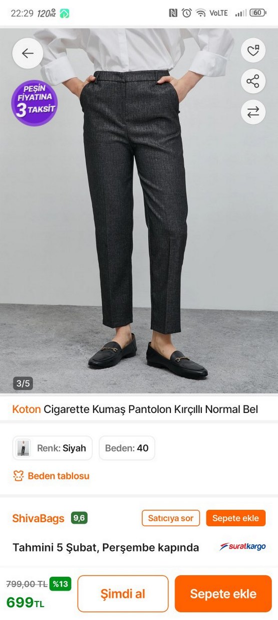 Koton Siyah Cigarette Kumaş Pantolon 40 Beden - Görsel 2