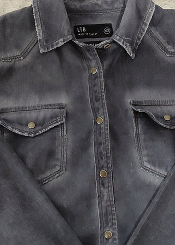 Gri Uzun Kollu Denim Kadın Gömlek - Görsel 5