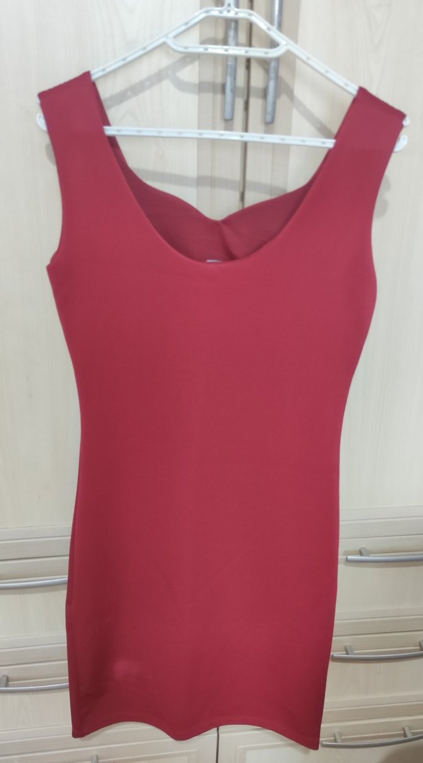 Bordo Midi V Yaka Kolsuz Kadın Elbise - Görsel 2