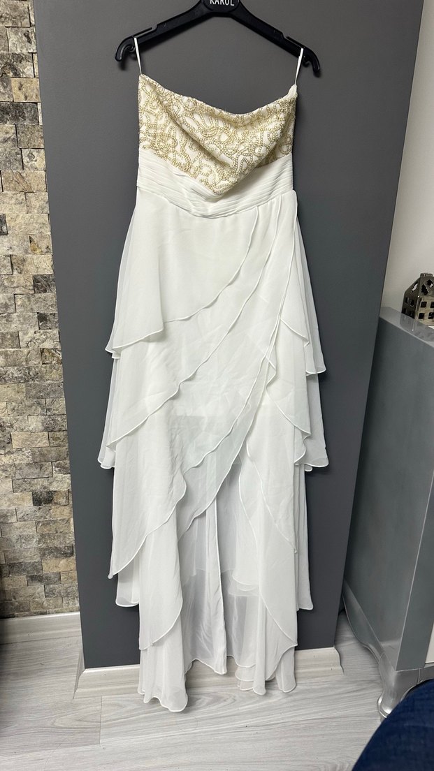 Nakışlı Beyaz Straplez Uzun Abiye Elbise - Görsel 3