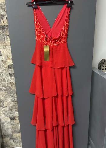 Kırmızı Nakışlı V Yaka Uzun Abiye Elbise turuncu renk - Görsel 2