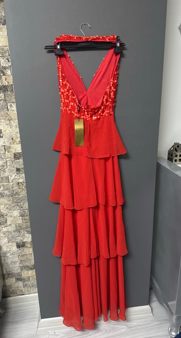 Kırmızı Nakışlı V Yaka Uzun Abiye Elbise turuncu renk - Görsel 2