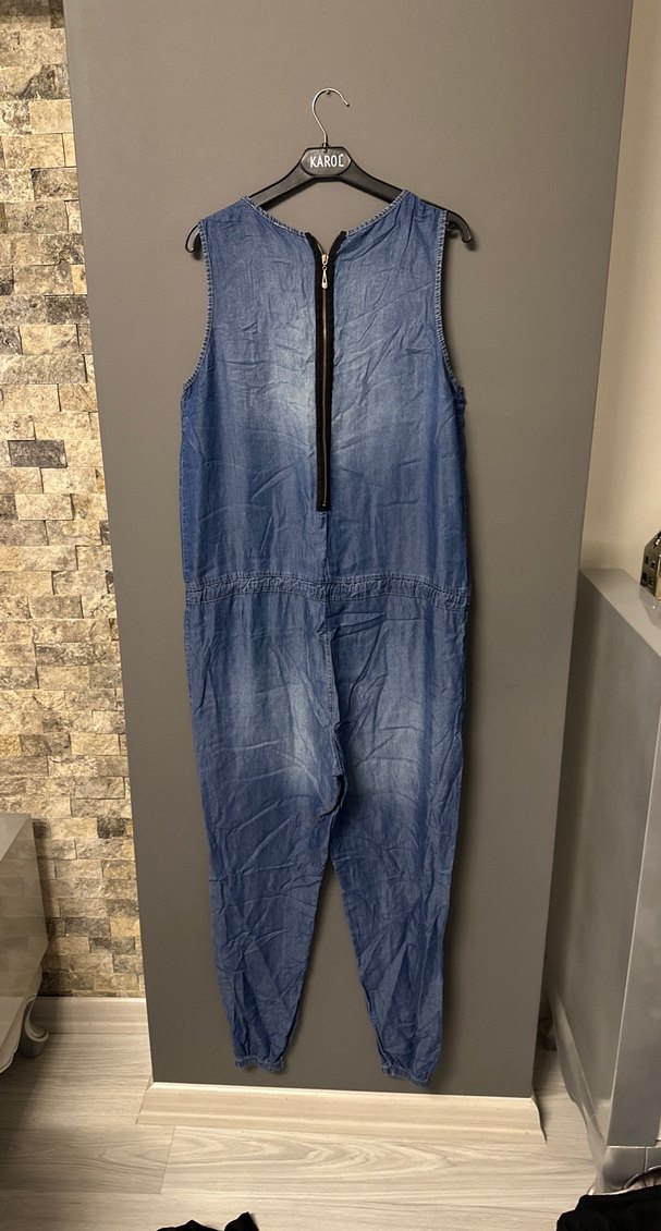 Kadın Lacivert Kemerli Denim Tulum - Görsel 2