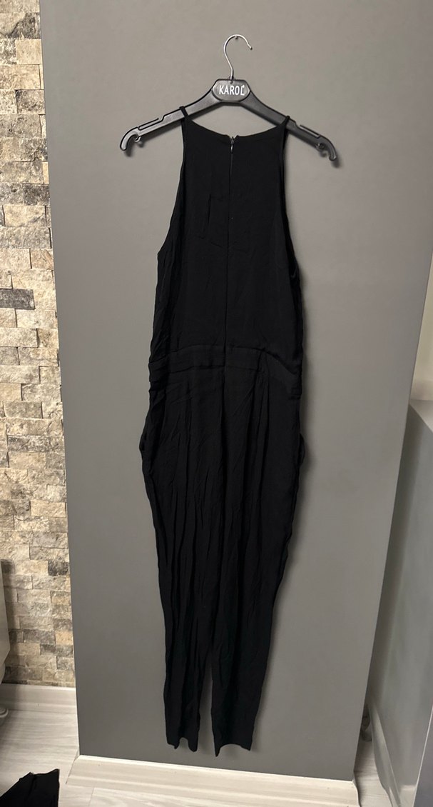 Siyah Keten Kadın Midi Tulum - Görsel 2