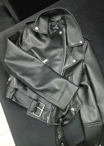 Kadın Siyah Deri Biker Ceket - Görsel 4