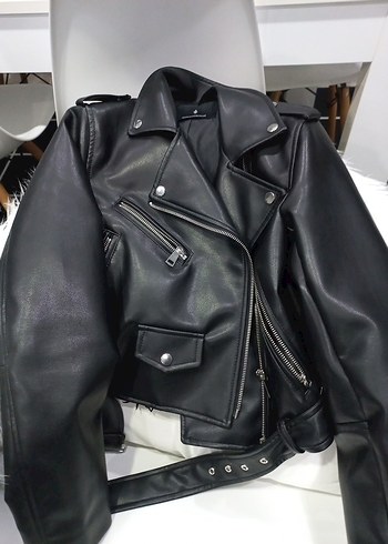 Kadın Siyah Deri Biker Ceket - Görsel 6