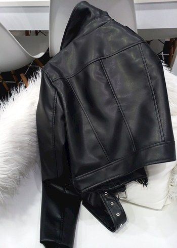 Kadın Siyah Deri Biker Ceket - Görsel 7