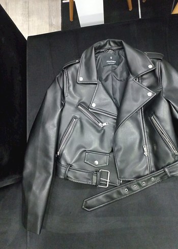 Kadın Siyah Deri Biker Ceket - Görsel 5