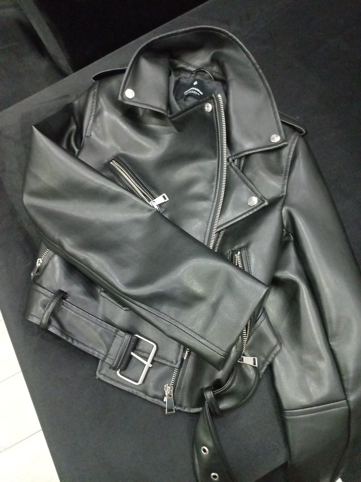 Kadın Siyah Deri Biker Ceket - Görsel 4