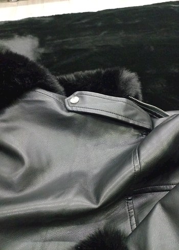 Siyah Kürklü Deri Kadın Biker Ceket - Görsel 6