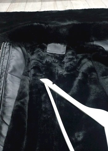 Siyah Kürklü Deri Kadın Biker Ceket - Görsel 2