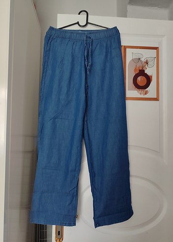 Kadın Mavi Bel Detaylı Bol Kesim Denim Pantolon