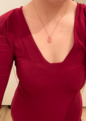 s Beden bordo Renk Bordo V Yakalı Midi Kalem Elbise