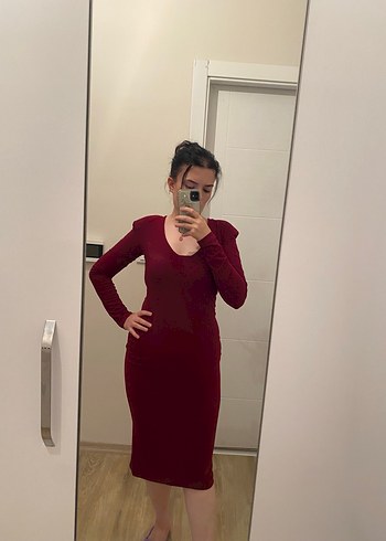 Diğer Bordo V Yakalı Midi Kalem Elbise