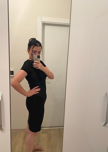 s Beden Siyah Mini Elbise, Yüksek Yaka, Kısa Kollu