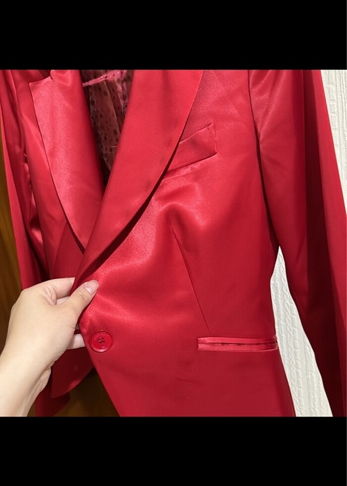 Saten Kırmızı Blazer Ceket - Görsel 2