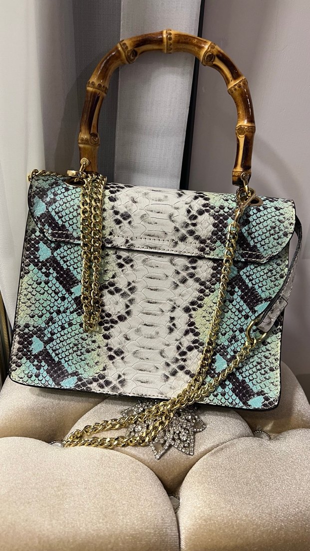 Turkuaz Gri Yılan Derisi Desenli Deri Kadın Çanta - Görsel 2