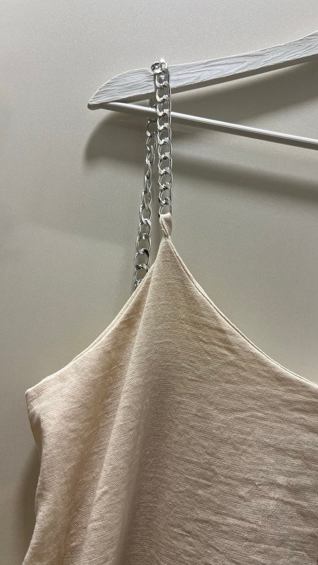 Bej Keten Salaş Uzun Kadın Elbise - Görsel 3