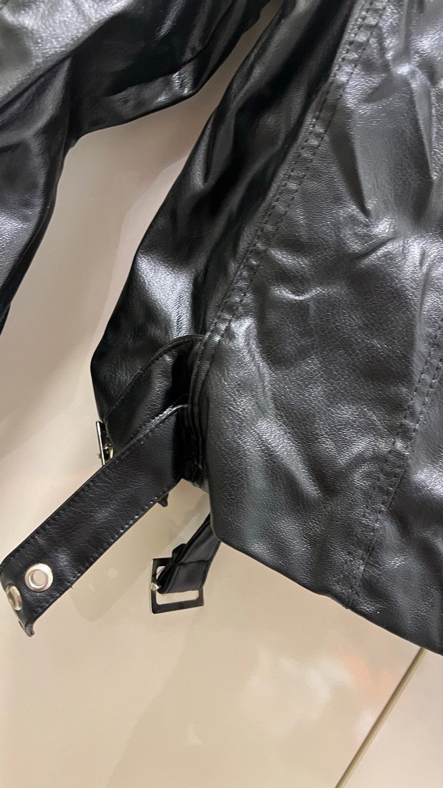 Kadın Siyah Parlak Deri Biker Ceket - Görsel 3