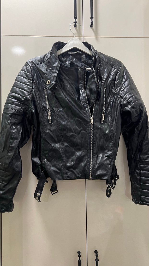 Kadın Siyah Parlak Deri Biker Ceket - Görsel 4