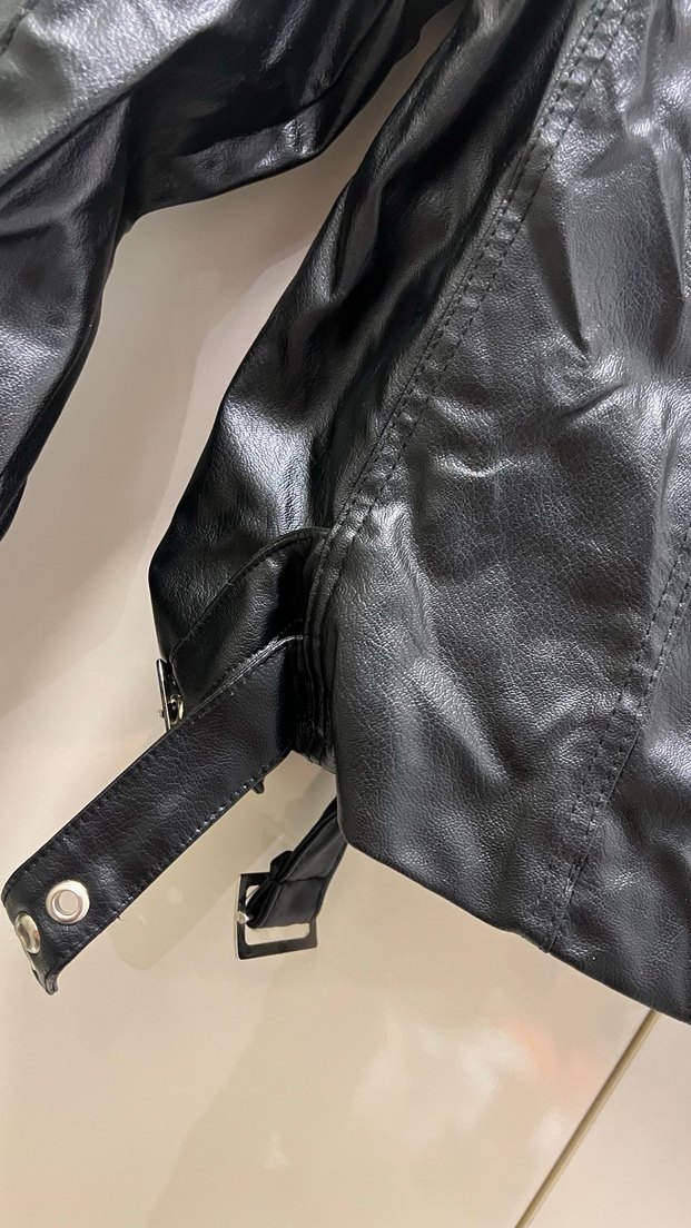 Kadın Siyah Parlak Deri Biker Ceket - Görsel 2