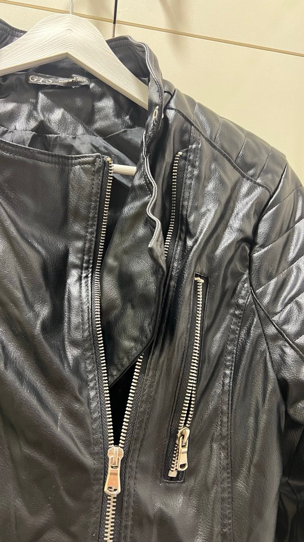 Kadın Siyah Parlak Deri Biker Ceket - Görsel 5