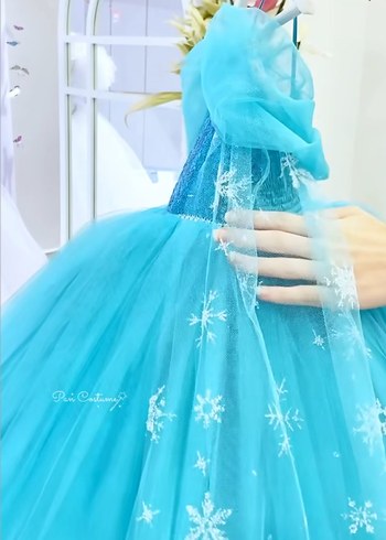 5 Yaş Beden Mavi Simli Klasik Kız Çocuk Abiye Elbise elsa