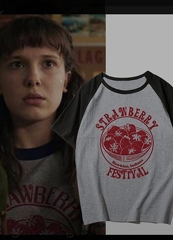 Stranger Things Gri Unisex Reglan Kol Strawberry Festival Tişört