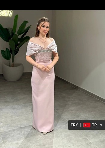 38 Beden Pudra Pembe Drapeli Uzun Abiye Elbise 5000 TL ye alındı