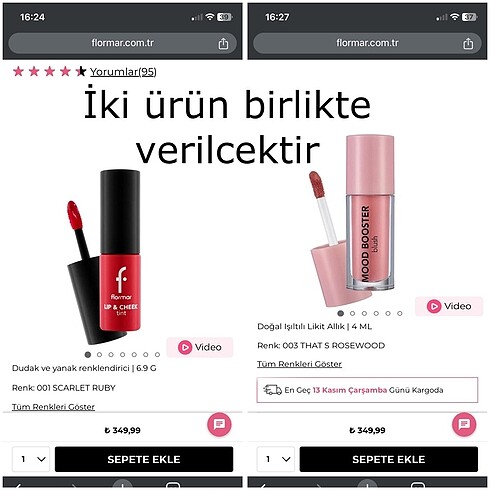 Flormar Mood Booster ve Lıp & cheek tint 2 ürün