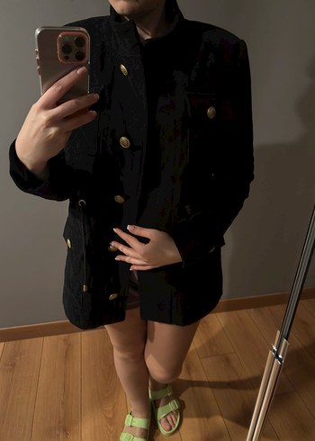 Düğmeli Siyah Süet Mini Kadın Ceket - Görsel 2