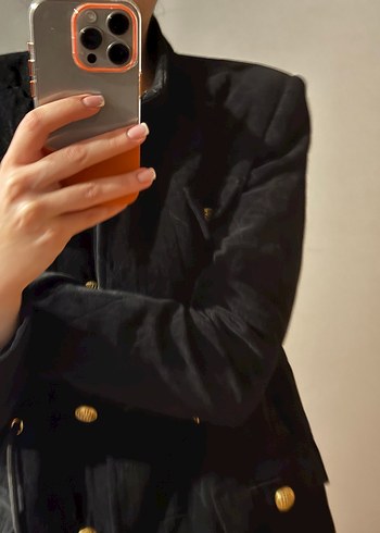 Düğmeli Siyah Süet Mini Kadın Ceket - Görsel 4