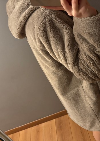 Bej Midi Kadın Rahat Kesim peluş kaban - Görsel 2