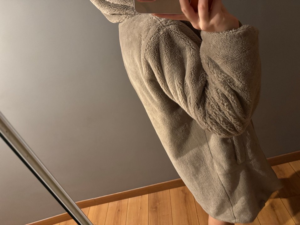 Bej Midi Kadın Rahat Kesim peluş kaban - Görsel 3