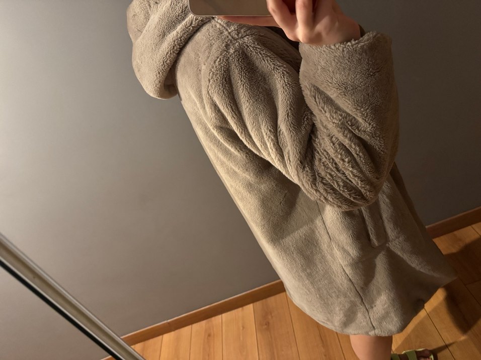 Bej Midi Kadın Rahat Kesim peluş kaban - Görsel 2