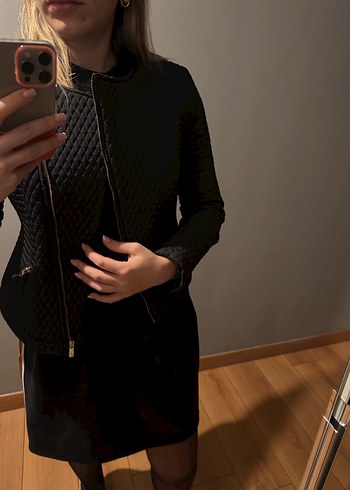 Siyah ADL Baklava Desenli Fermuarlı Ceket - Görsel 4