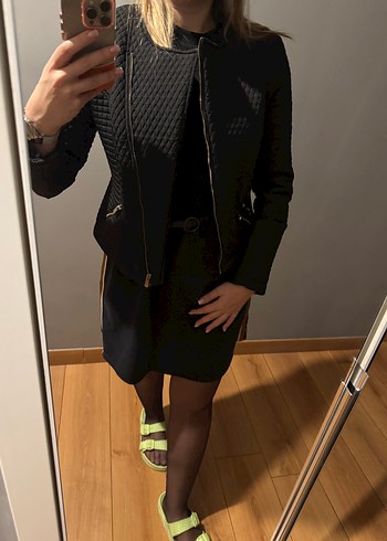 Siyah ADL Baklava Desenli Fermuarlı Ceket - Görsel 7