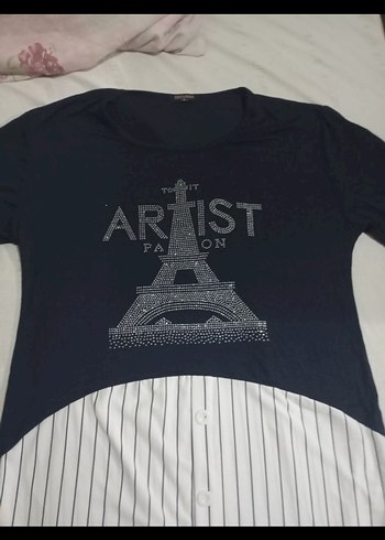 LC Waikiki Lacivert Beyaz Paris Taşlı Tişört Gömlek Tunik