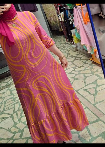 Pembe Batik Desenli Uzun Bohem Elbise