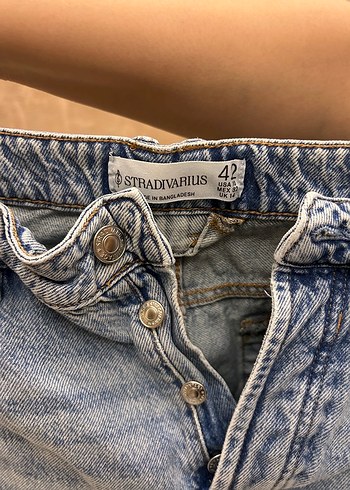 Düğmeli Gri Mavi Midi Kot Pantolon - Görsel 2