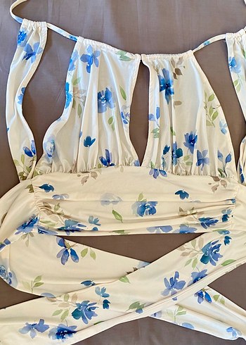 Mavi Çiçek Desenli Bohem Midi Büstiyer - Görsel 2