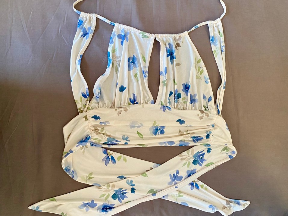 Mavi Çiçek Desenli Bohem Midi Büstiyer - Görsel 2