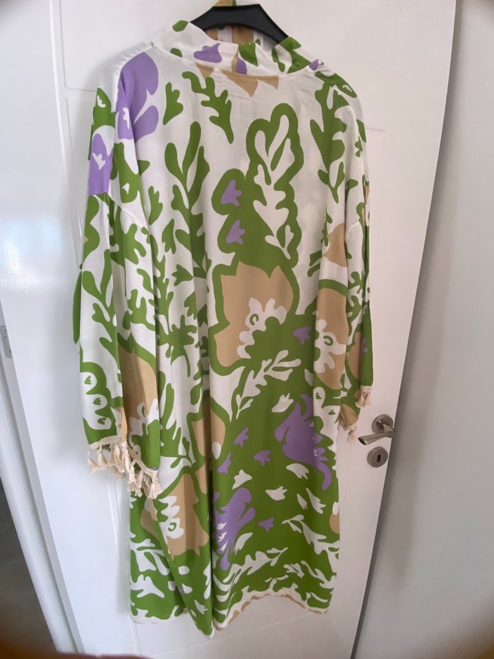 Yeşil Baskılı Midi Bohem Kadın Kimono - Görsel 2