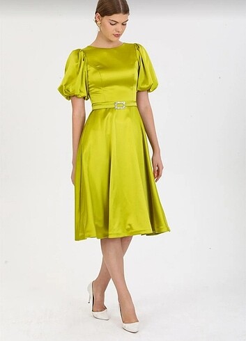 Diğer Balon kollu mini saten elbise fıstık yeşili 
