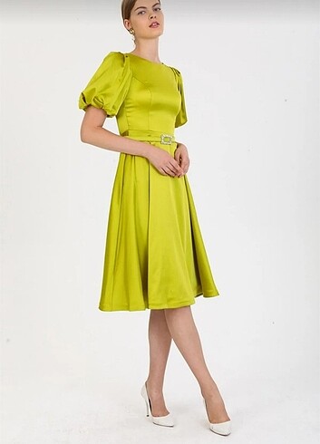 xl Beden Balon kollu mini saten elbise fıstık yeşili 